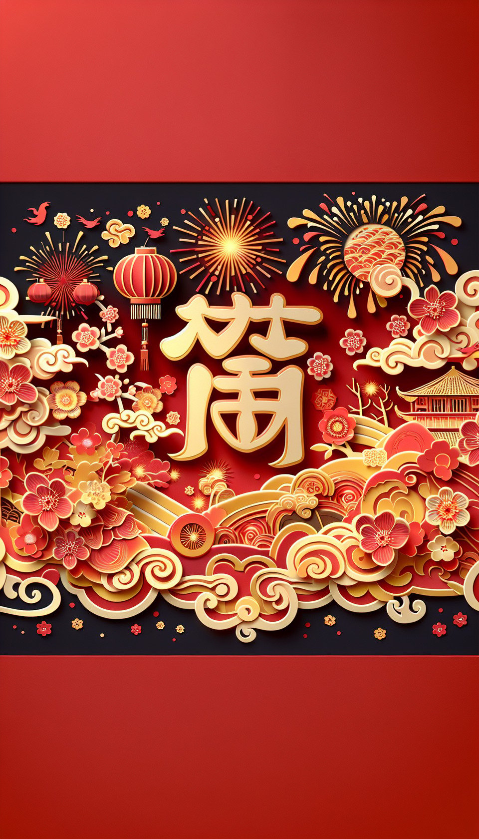 New Year彩色3D文字,中國剪紙風格,紅色與金色背景,細膩中國畫風,有煙火,雲彩,燈籠,鮮花 text effect image