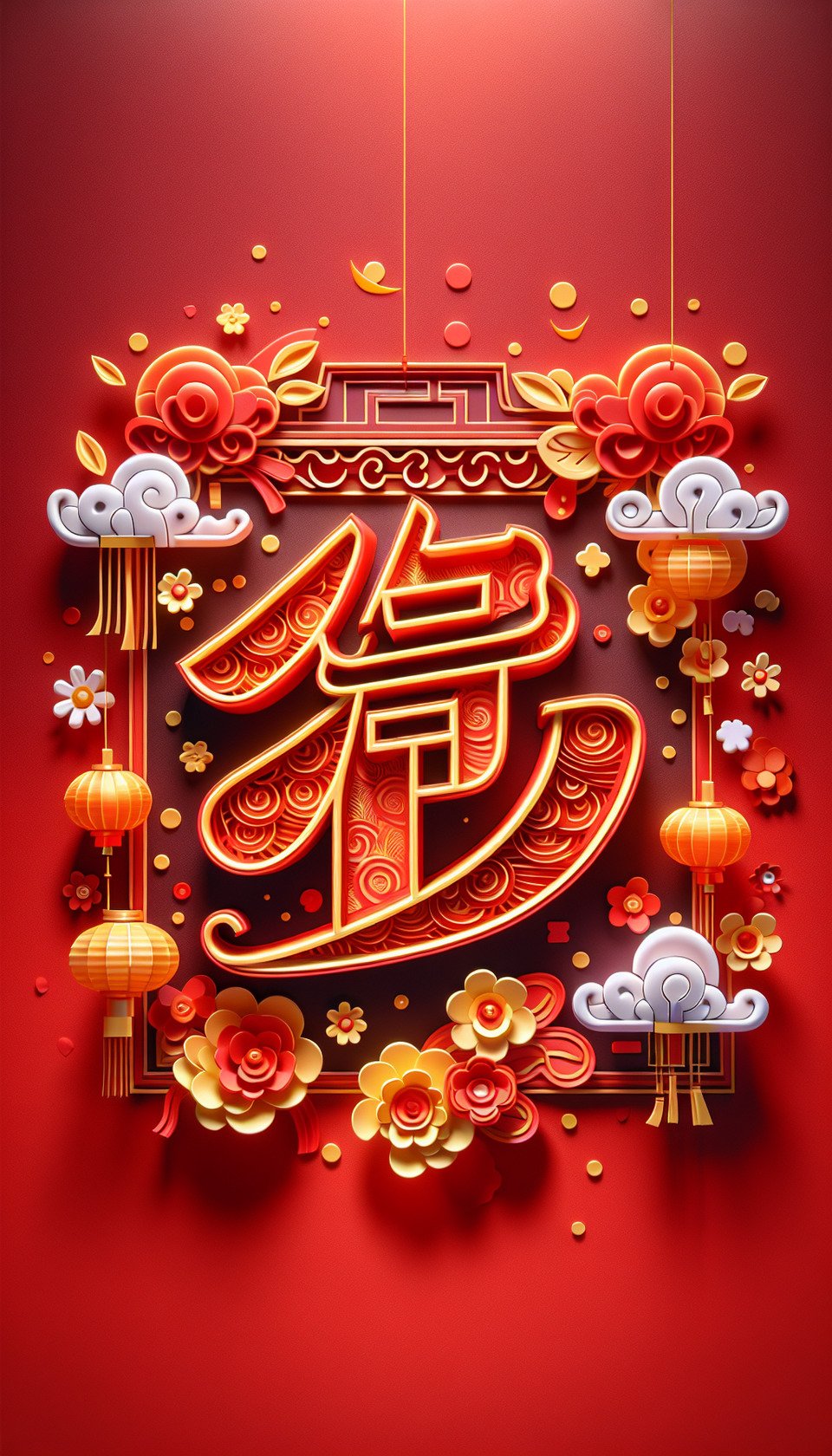 福彩色3D文字,中國剪紙風格,紅色與金色背景,細膩畫風,有煙火,雲彩,燈籠,鮮花 text effect image