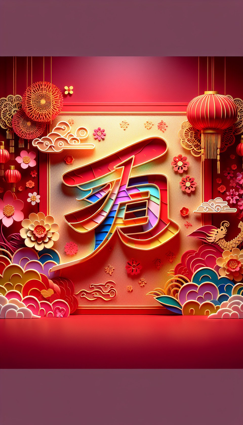 福彩色3D中文字,中國剪紙風格,紅色與金色背景,細膩畫風,有煙火,雲彩,燈籠,鮮花 text effect image