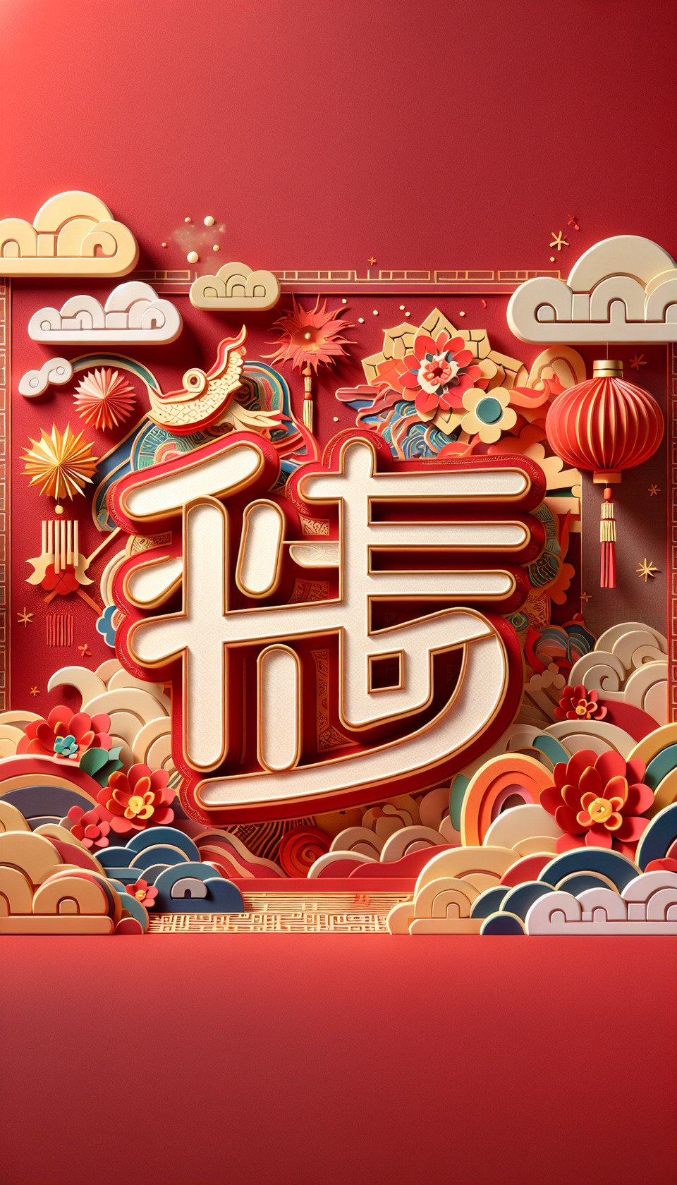 春彩色3D中文文字,中國剪紙風格,紅色與金色背景,細膩畫風,有煙火,雲彩,燈籠,鮮花 text effect image