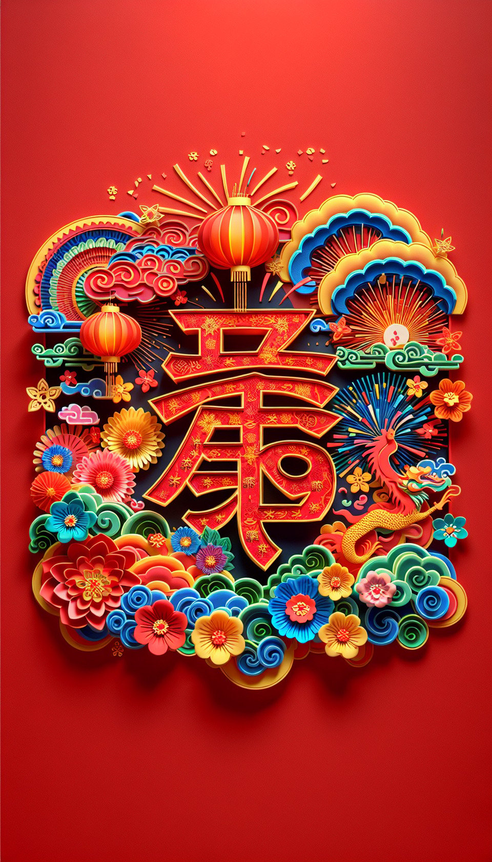 春彩色3D中國文字,中國剪紙風格,紅色與金色背景,細膩畫風,有煙火,雲彩,燈籠,鮮花 text effect image