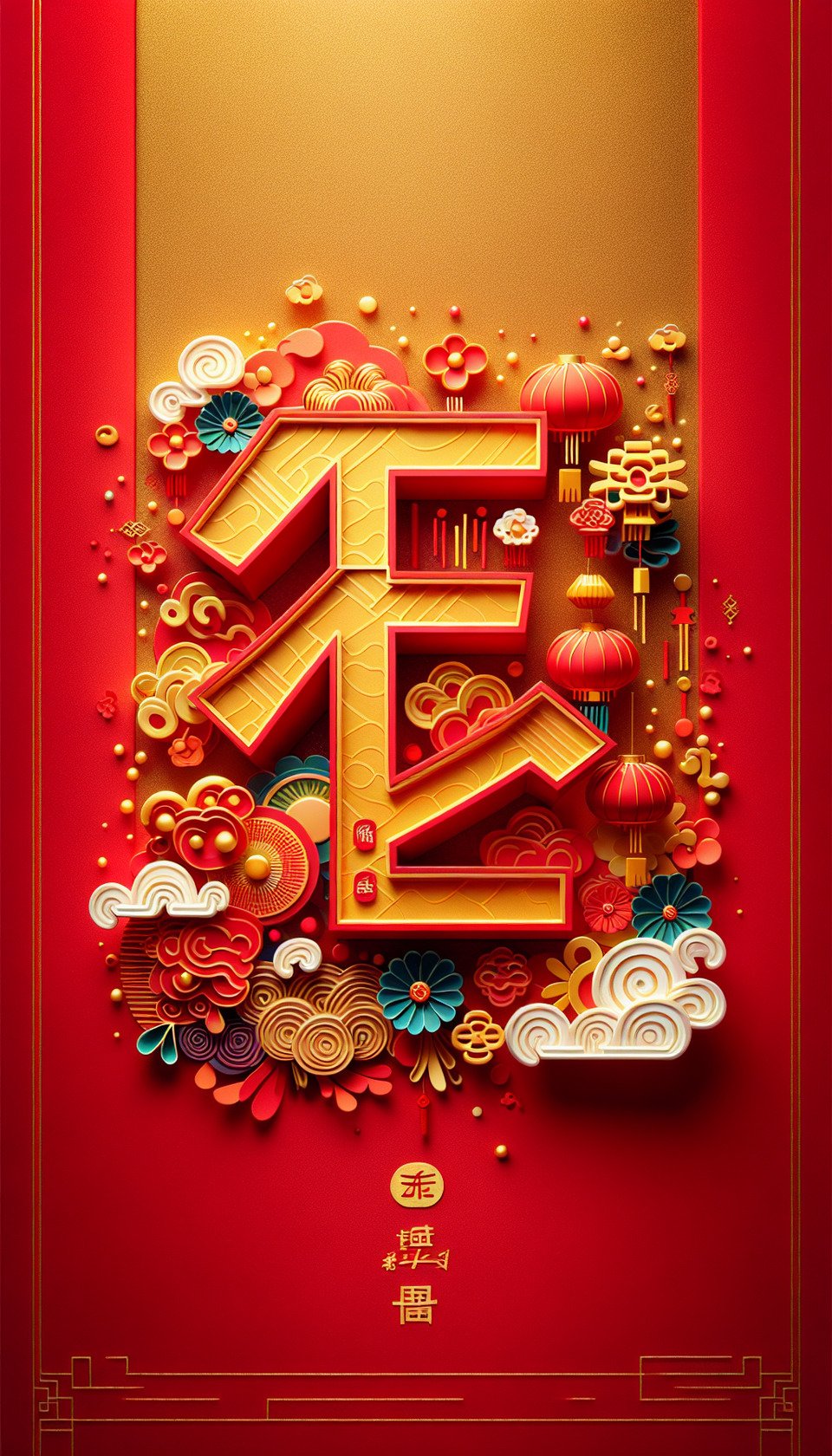 年彩色3D中文文字,中國剪紙風格,紅色與金色背景,細膩畫風,有煙火,雲彩,燈籠,鮮花 text effect image