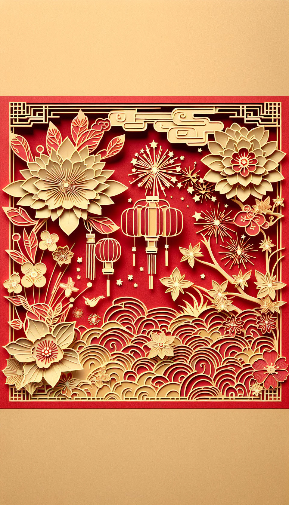 彩色3D,中國剪紙風格,紅色與金色背景,細膩畫風,有煙火,雲彩,燈籠,鮮花 text effect image