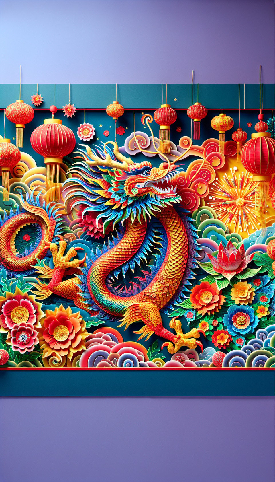彩色3D中國龍,中國剪紙風格,紅色與金色背景,細膩畫風,有煙火,雲彩,燈籠,鮮花 text effect image