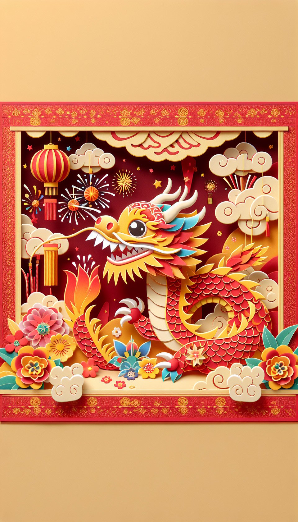 彩色3D可愛中國龍,中國剪紙風格,紅色與金色背景,細膩畫風,有煙火,雲彩,燈籠,鮮花 text effect image