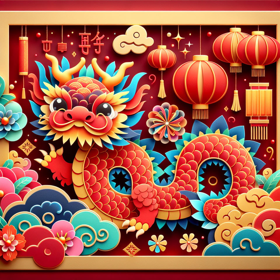 彩色3D可愛中國龍,中國剪紙風格,紅色與金色背景,細膩畫風,有煙火,雲彩,燈籠,鮮花 text effect image