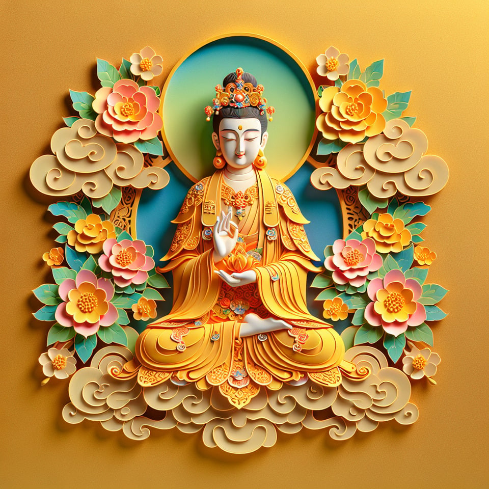 彩色3D的可愛菩薩,中國剪紙風格,金色背景,細膩畫風,有雲彩,鮮花 text effect image