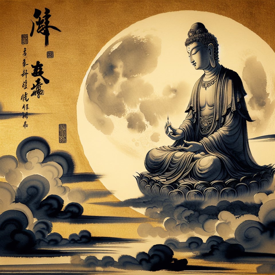 月光菩薩,中國水墨風格,金色背景,細膩畫風,有滿月,雲彩 text effect image