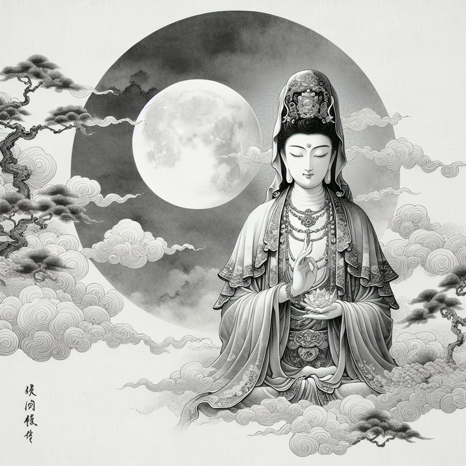 AI が生成した 觀音菩薩,中國水墨風格背景,細膩畫風,有滿月,雲彩