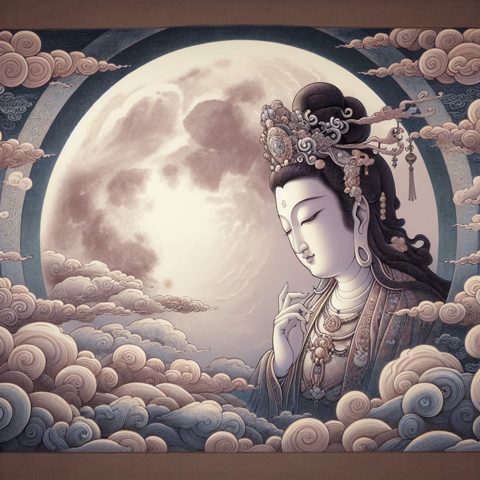 滿月觀音菩薩,中國彩色水墨風格背景,細膩畫風,有雲彩 text effect image