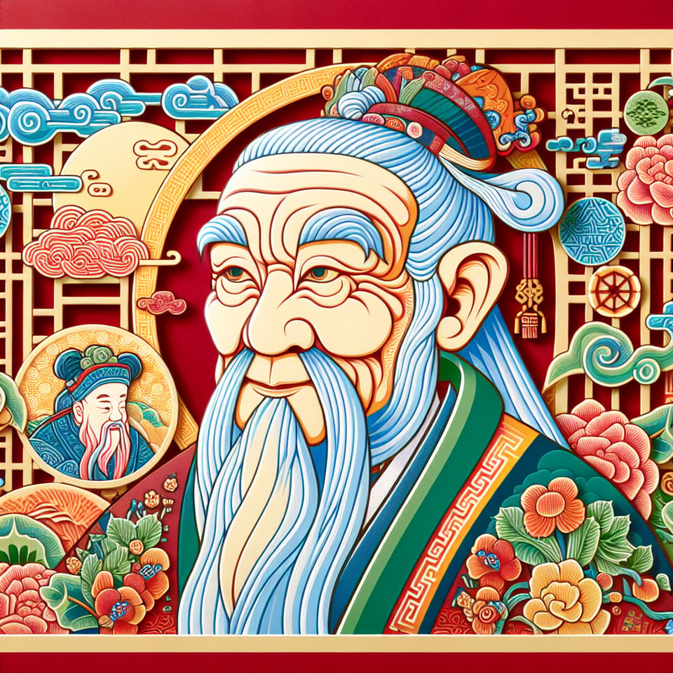 Q萌孔老夫子,中國彩色剪紙風格背景,細膩畫風 text effect image