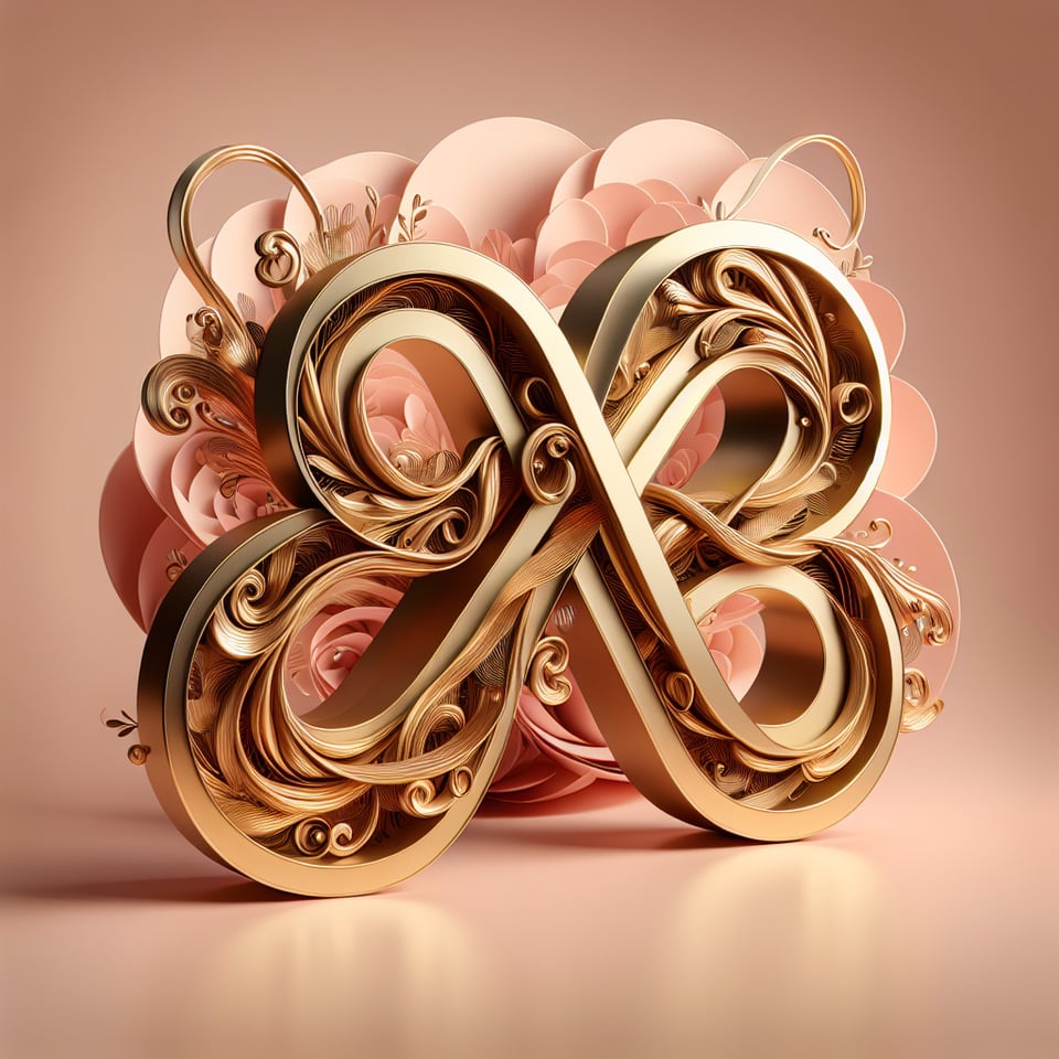 create a brand slogan that is about golden caligrafic 3d text “LOVE” connected to a infinity simbol. . the background is a pink rose.postertypography text effect image