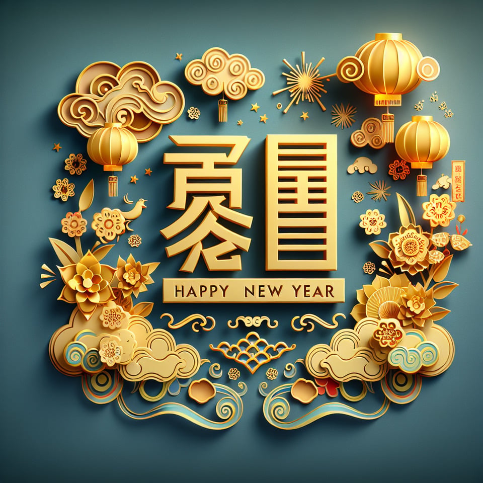 文字「新年快樂」金色豪華文字效果,中國剪紙風3D背景,有雲彩,燈籠,花朵,煙火,彩帶 text effect image