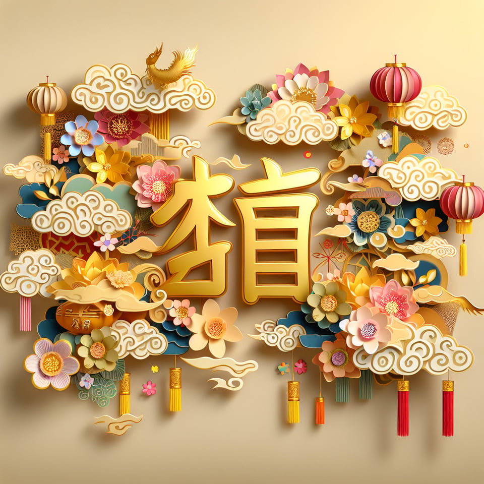 文字「春」金色豪華文字效果,中國剪紙風3D背景,細膩畫風,有雲彩,燈籠,花朵,煙火,彩帶 text effect image