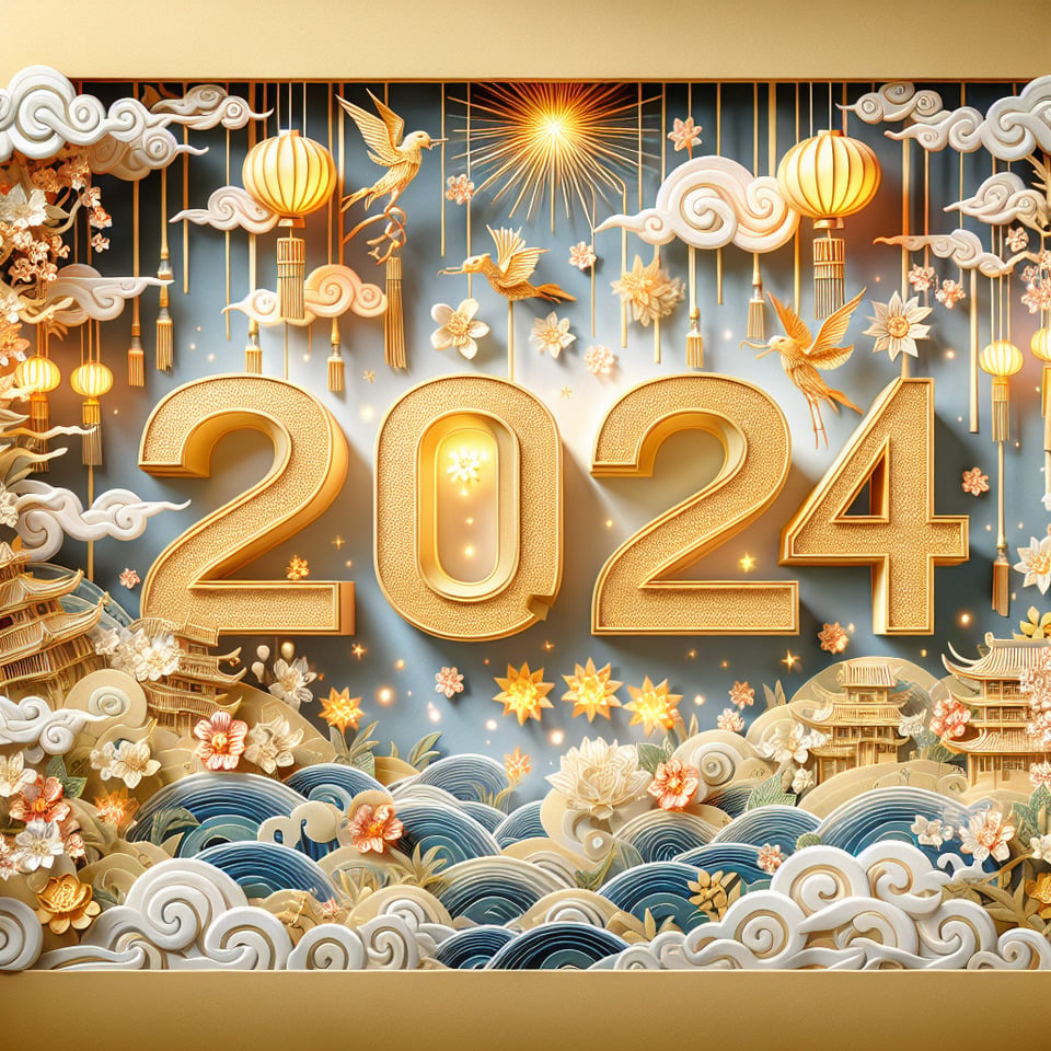 文字「2024」金色豪華文字效果,中國剪紙風3D背景,細膩畫風,有雲彩,燈籠,花朵,煙火,彩帶 text effect image