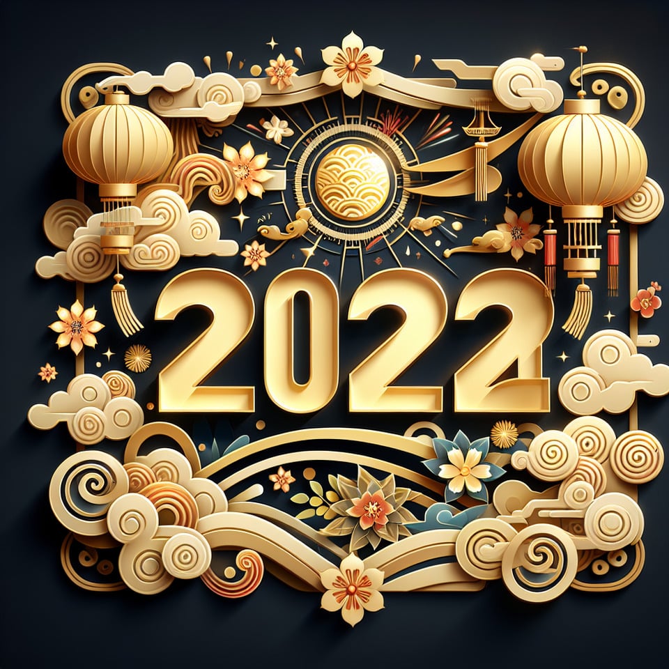 文字「2024」金色豪華文字效果,中國剪紙風3D背景,細膩畫風,有雲彩,天燈,花朵,煙火,彩帶 text effect image