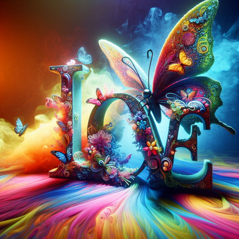 Name text LOVE made by glass style with a beautiful colores smoked background with 3d details of butterflies and flowersvibrant text effect image