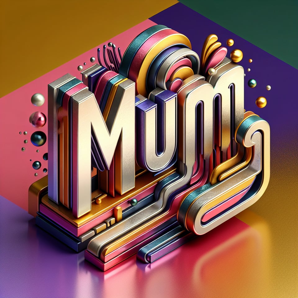 Text MUM colorful splash 3d text in goldsilver plate and background colorcinematictypography3d renderposter text effect image