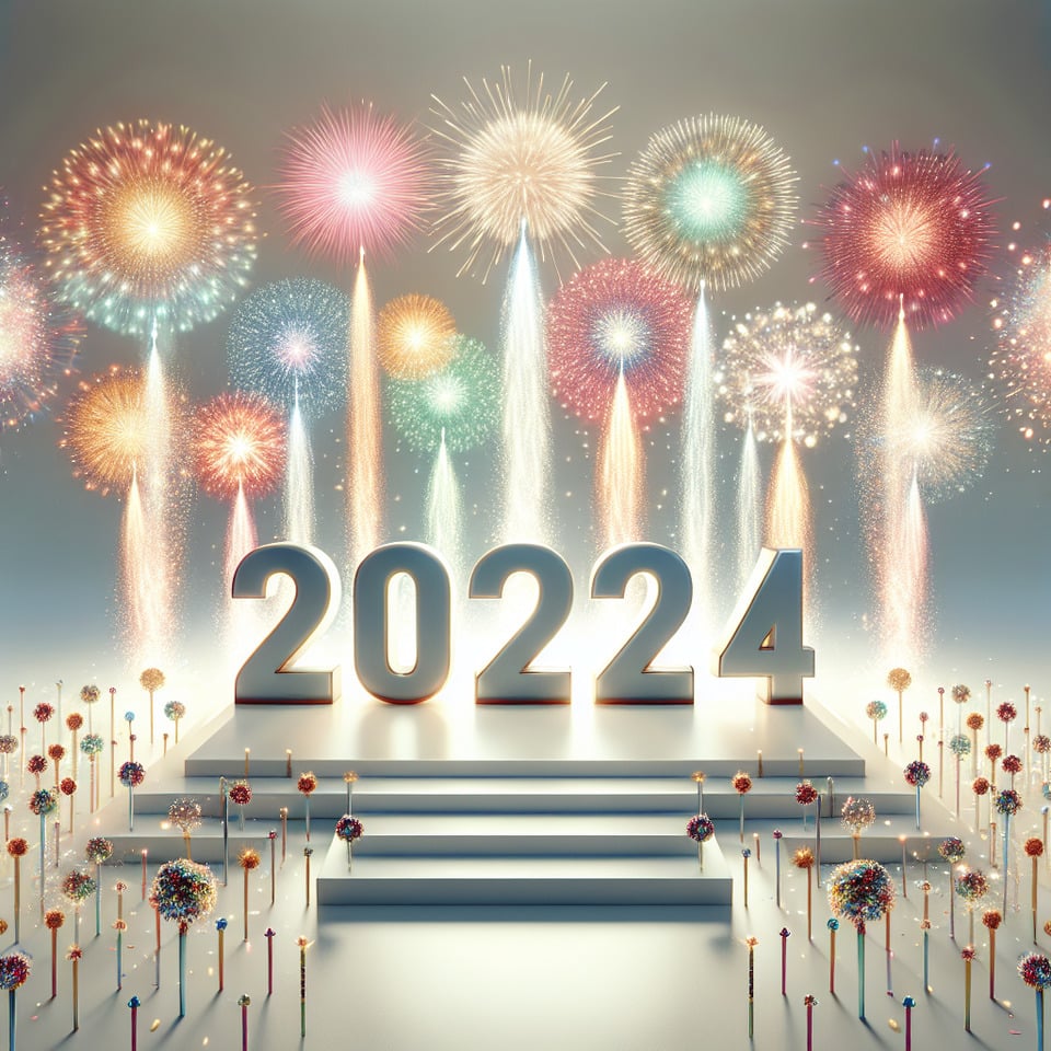 Happy new year text 2024 lettering with fireworks on white background text effect image