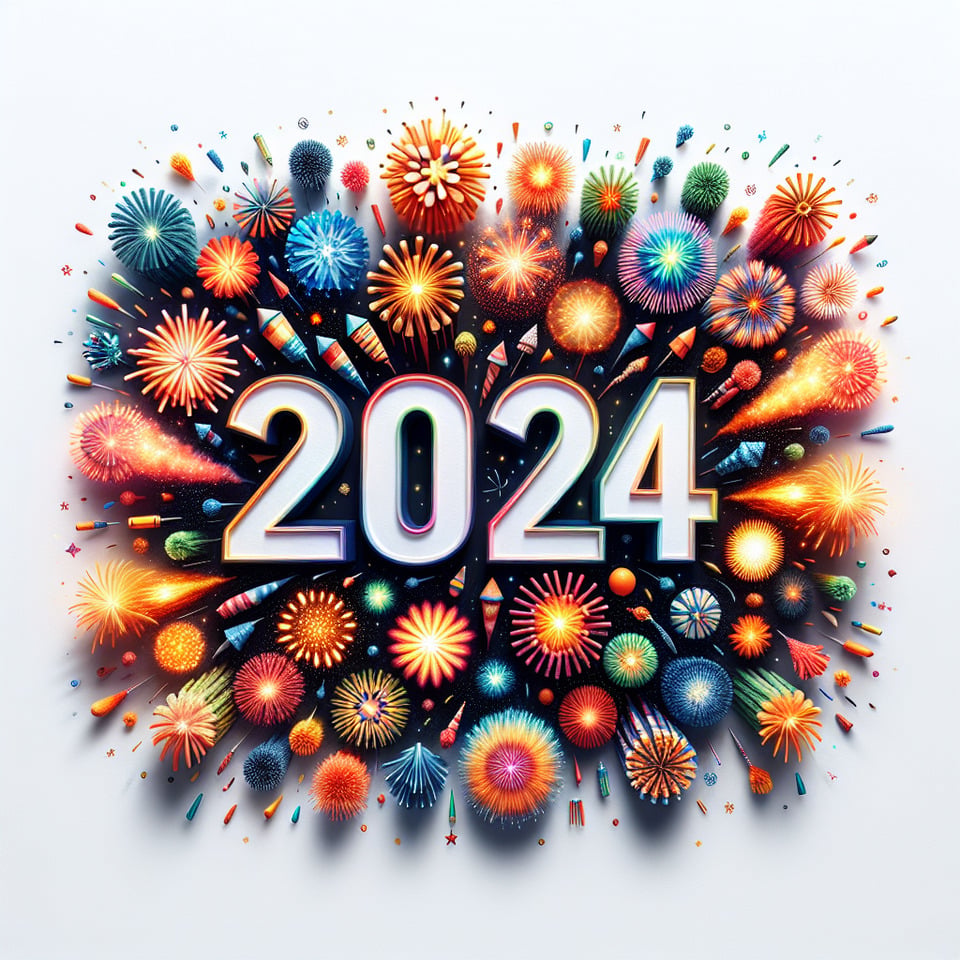 Happy new year text 2024 lettering with fireworks on white background text effect image