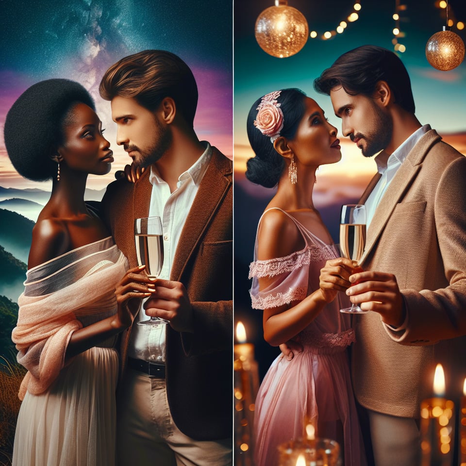I want to see 2 Beautiful Coupols Are Standing In Beautiful Place And Wishing Happy New Year To Each Other text effect image