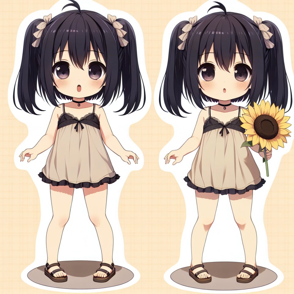 16歳の日本人女性 黒髪ツインテール 幼児体型 キャミソールとサンダル 手にはひまわりの花 text effect image