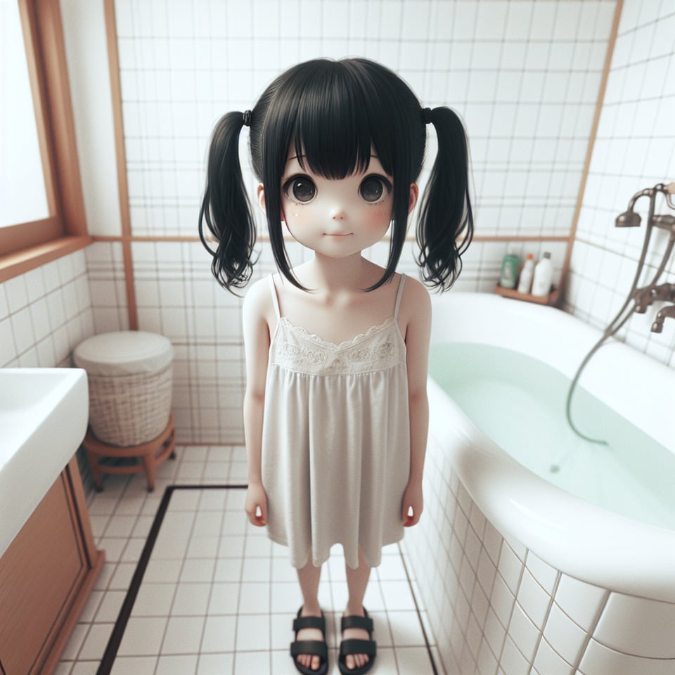 16歳の日本人女性 黒髪ツインテール 幼児体型 キャミソールとサンダル お風呂場 text effect image