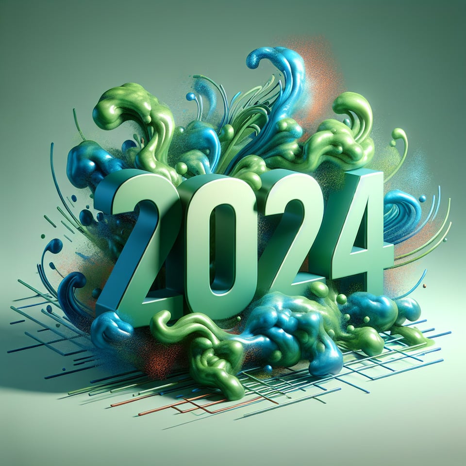 Text 2024 green and bluesplash 3d text and smoky background text effect image