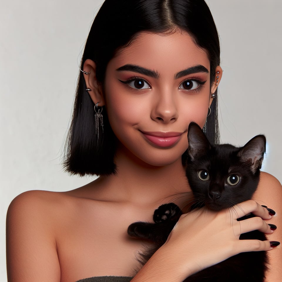 Chica de 20 añospelo y ojos negrospiel trigueñacabello corto hasta las orejasbonita. Sostiene un gato negro. text effect image