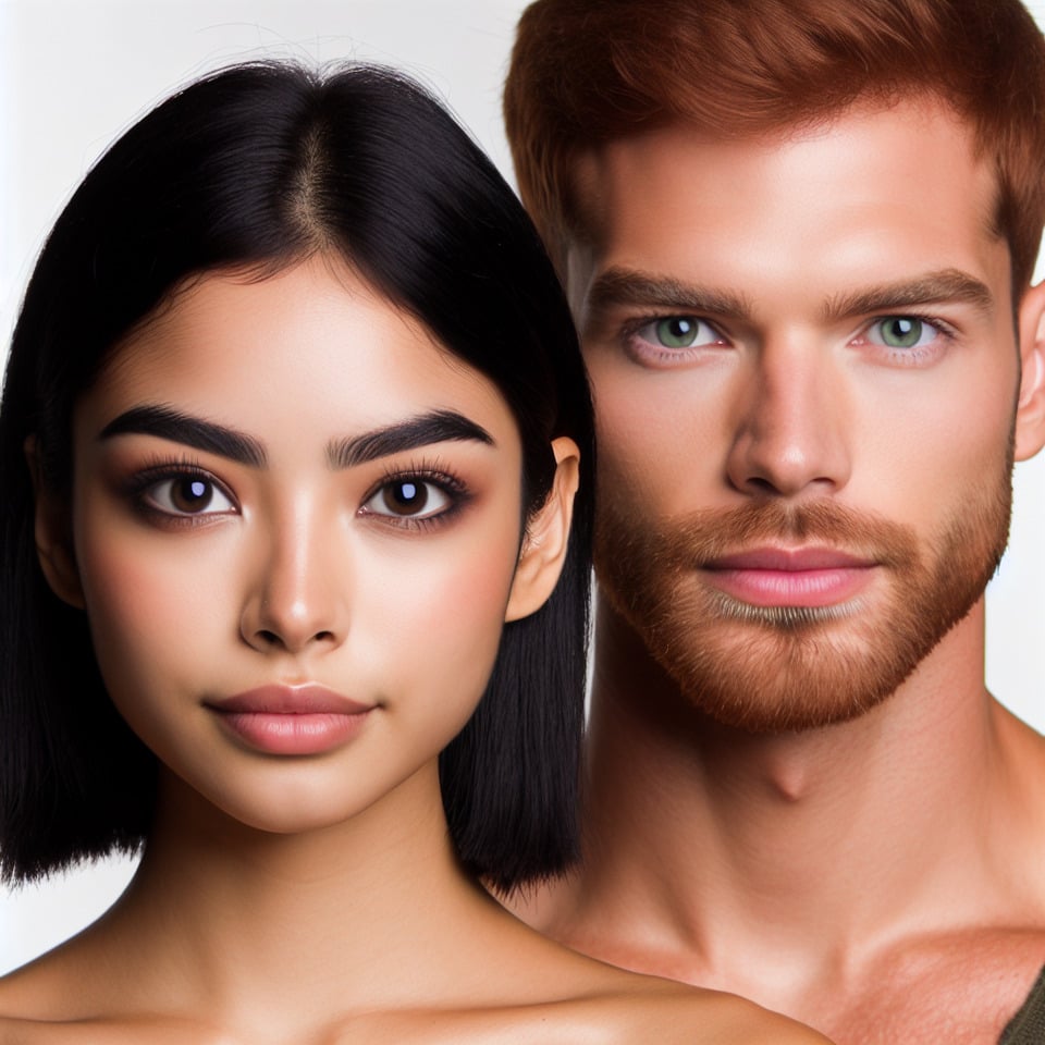 Chica de 20 añospelo y ojos negrospiel trigueñacabello corto hasta las orejasbonita. Acompañada de un chico fuerte de 25 añossexypelirrojode ojos verdes. text effect image
