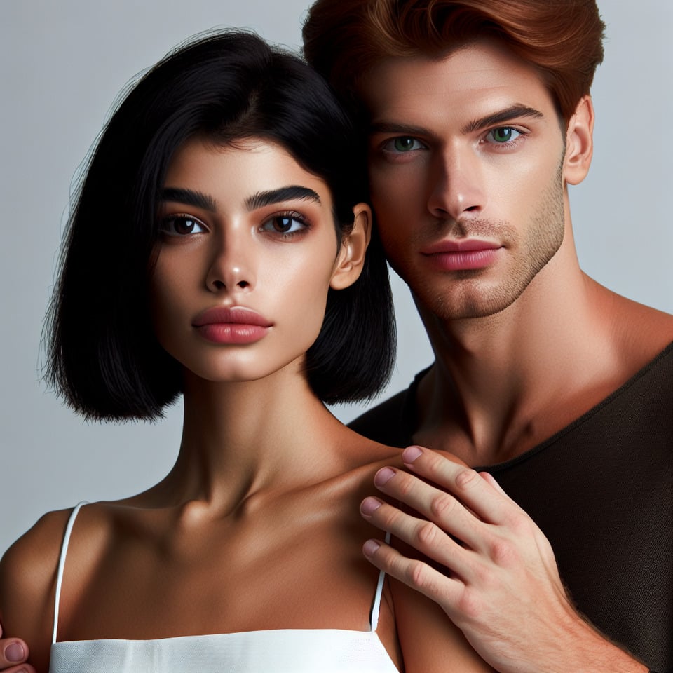 Chica de 20 añospelo y ojos negrostrigueñamuy bellatiene cabello corto hasta las orejas. Acompañada de un chico fuerte de 25 añossexyvaronilpelirrojode ojos verdes. La abraza. text effect image