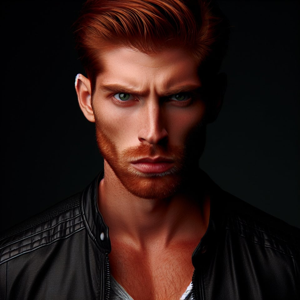 chico misterioso y fuerte de 25 añossexyrostro varonilpelirrojode ojos verdesfurioso. text effect image