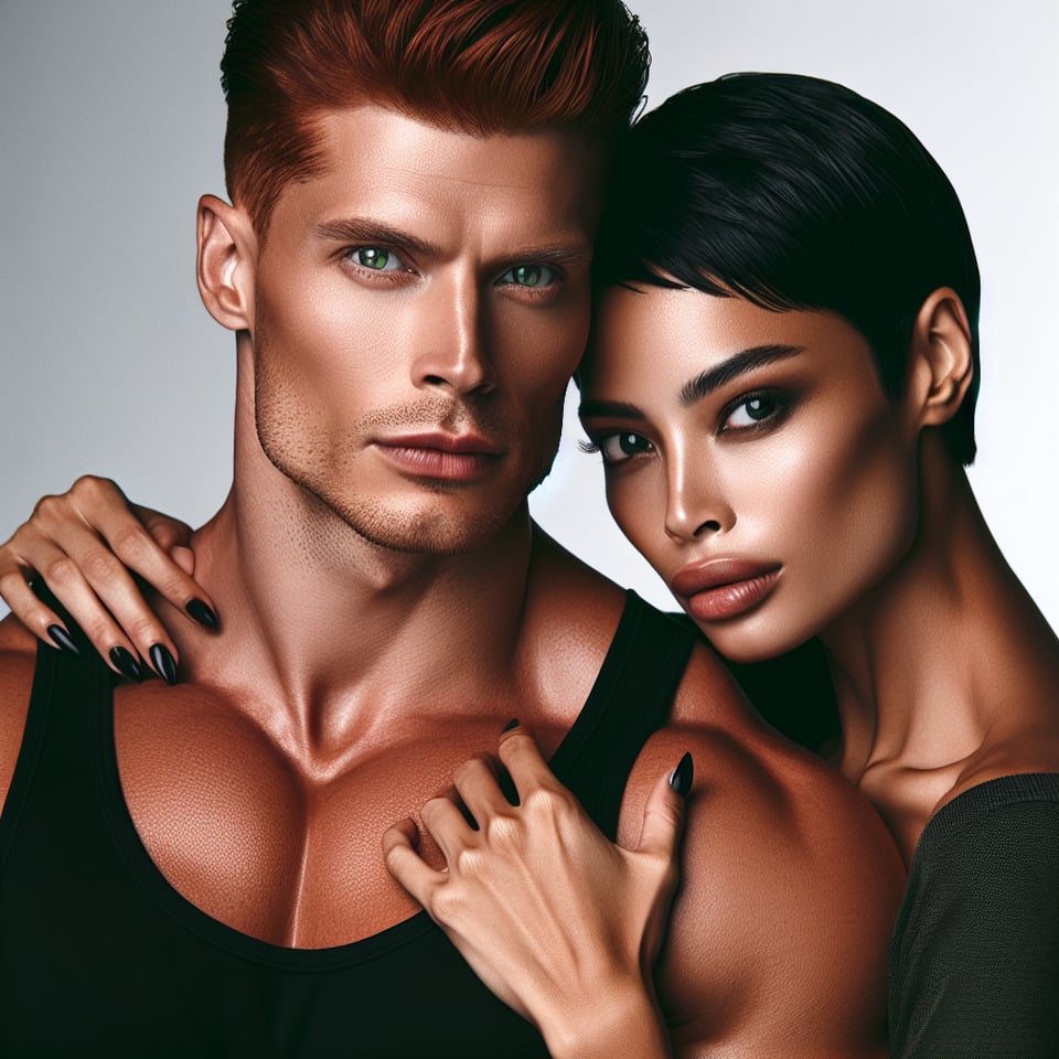 chico peligroso y fuerte de 25 añosde rostro varonilsexypelirrojode ojos verdesacompañado por una chica de 20 añosde pelo corto negro a la altura de las orejasojos negrosmuy hermosade piel trigueñarasgos latinos suavesambos se abrazan. text effect image
