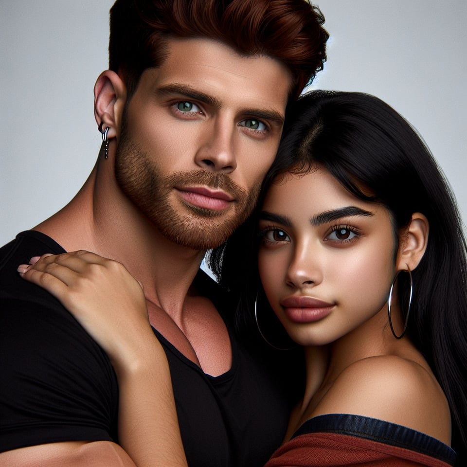 chico peligroso y fuerte de 25 añosde rostro varonilsexypelirrojode ojos verdesacompañado por una chica de 20 añosde pelo corto negro a la altura de las orejasojos negrosbonitade piel trigueñarasgos latinos suavesambos se abrazan. text effect image