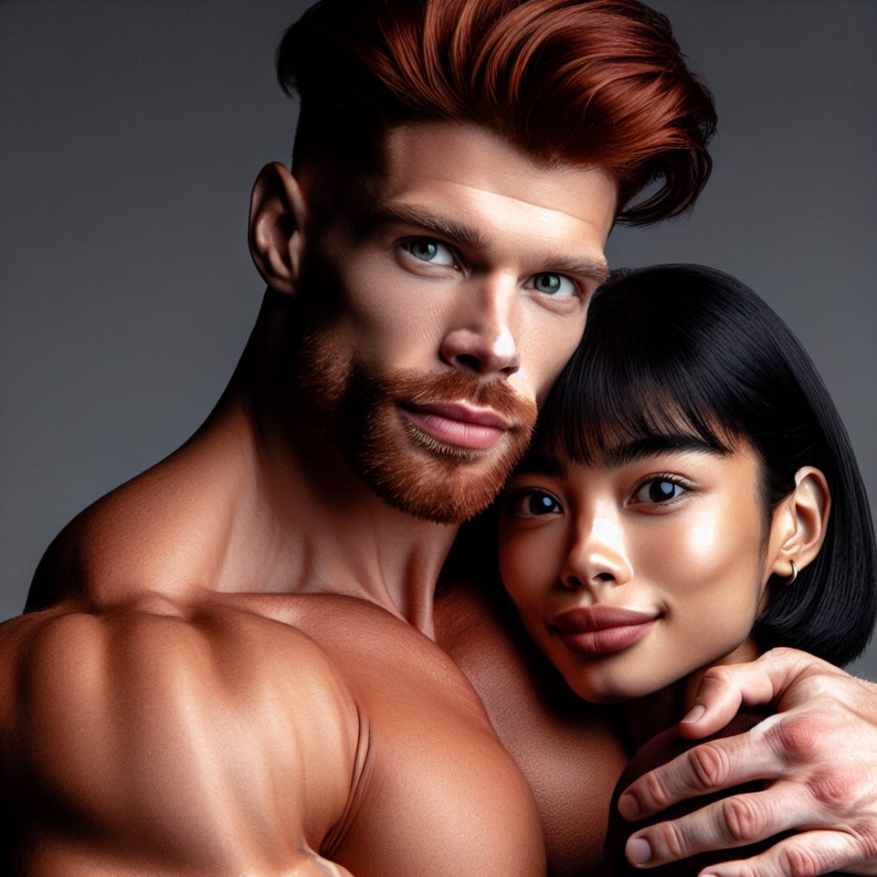 chico peligroso y fuerte de 25 añosde rostro varonilpelirrojode ojos verdesirlandésacompañado por una chica de 20 añosde pelo corto negro a la altura de las orejasojos negrosbonitade piel trigueñarasgos latinos suavesambos se abrazan. text effect image