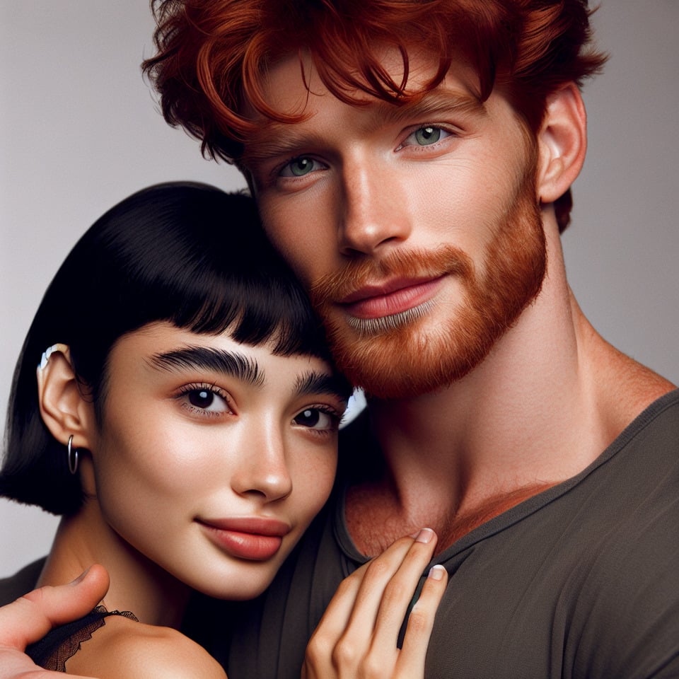 chico peligroso y fuerte de 25 añosde rostro varonilpelirrojode ojos verdesirlandésacompañado por una chica de 20 añosde pelo corto negro a la altura de las orejasojos negrosbonitade piel trigueñarasgos latinos suaveslabios pequeñosambos se abrazan. text effect image