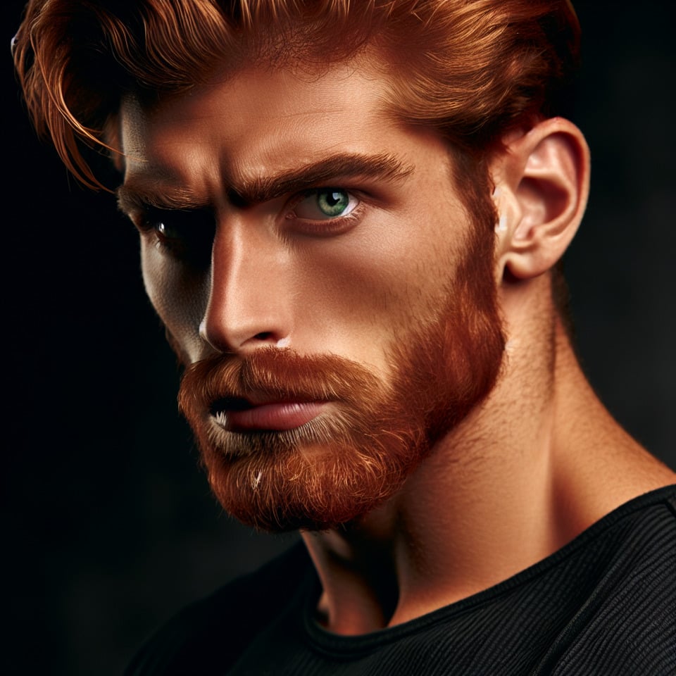 chico peligroso y fuerte de 25 añosde rostro varonilpelirrojode ojos verdesirlandés. text effect image