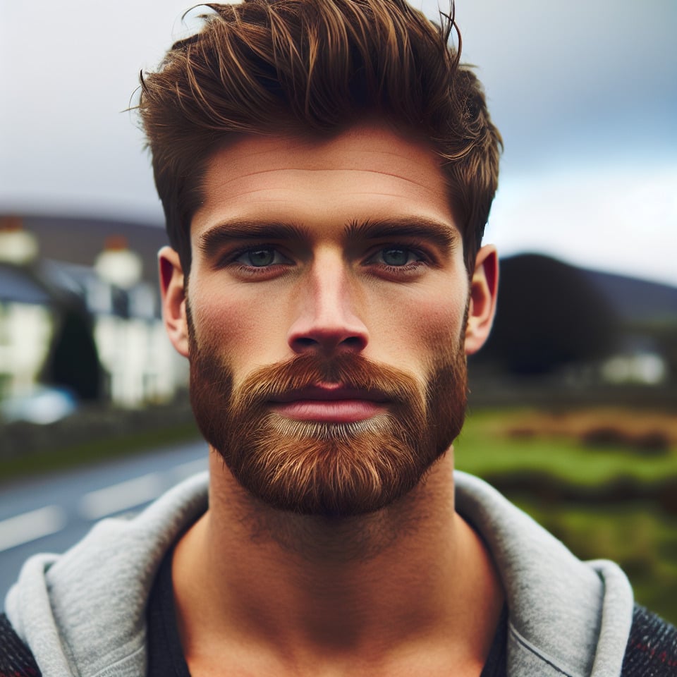 chico peligroso y fuerte de 25 añosde rostro varonilpelirrojode ojos verdesirlandésbarba incipiente. text effect image