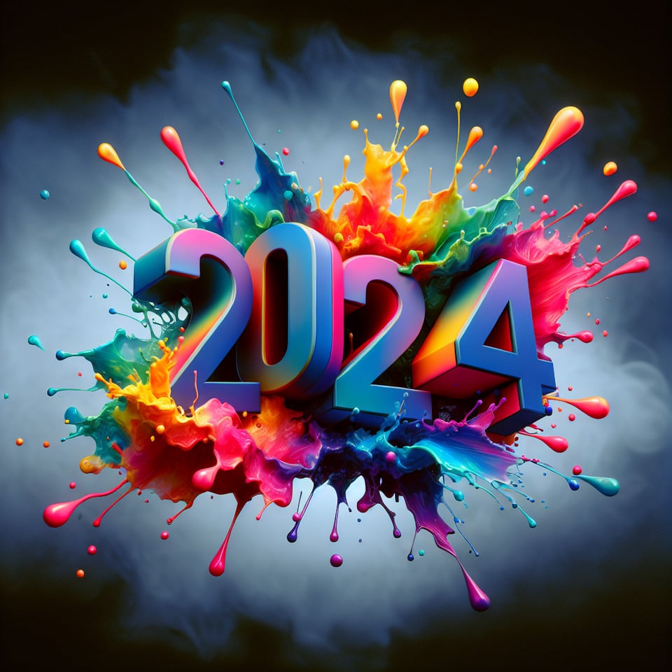 Text 2024 colorful splash 3d text and smoky background text effect image