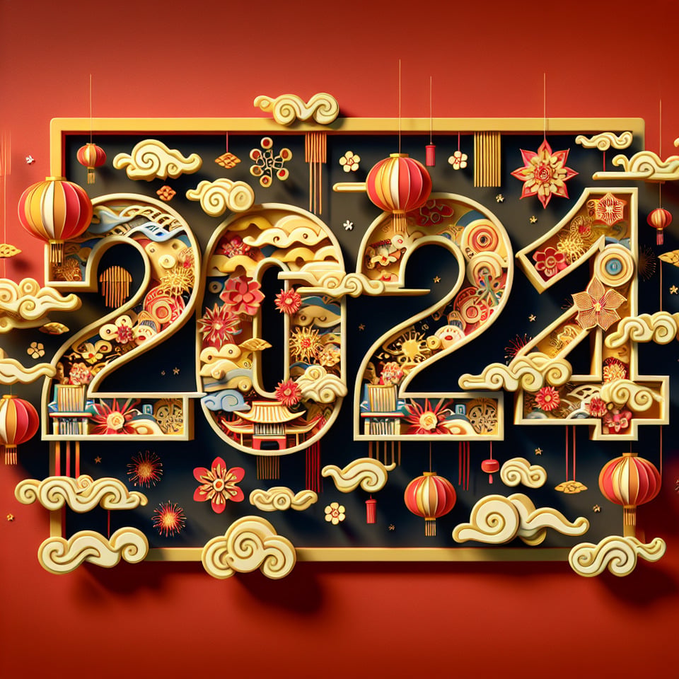 文字「2024」豪華文字效果,中國剪紙風3D背景,金色與紅色細膩畫風,有雲彩,天燈,花朵,煙火,彩帶 text effect image