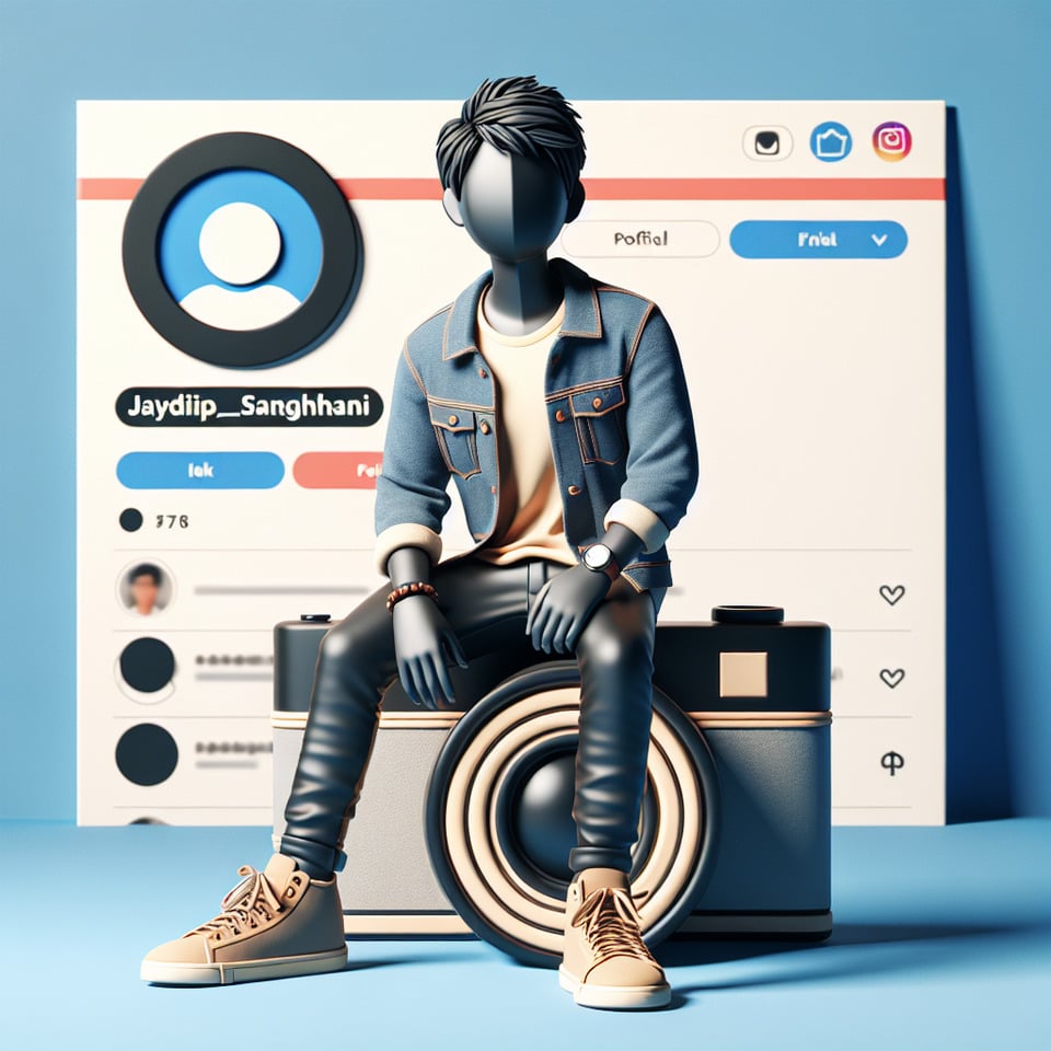 Create a 3D illustration of an animated character sitting casually on top of a social media logo instagram.,The character must wear casual modern clothing such as jeans jacket and sneakers shoes. The background of the image is a social media profile page with a user name jaydip_sanghhani and a profile picture that match. text effect image