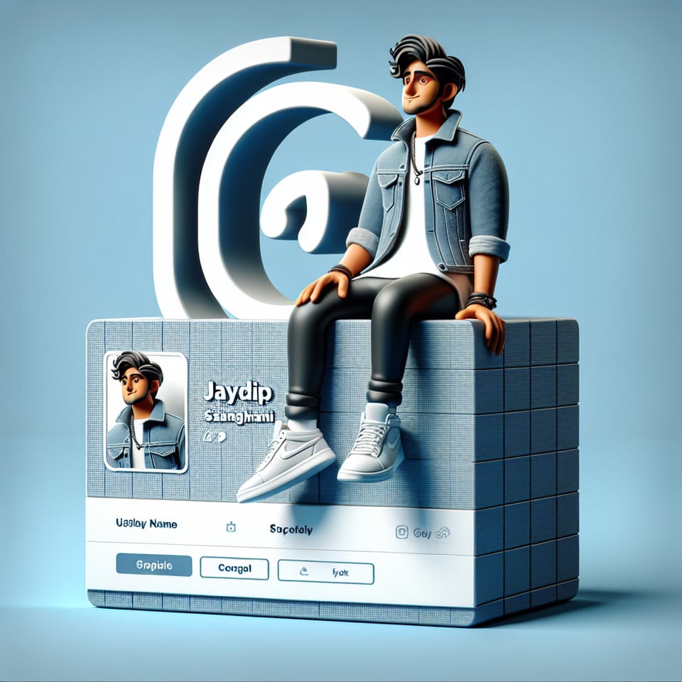 Create a 3D illustration of an animated character sitting casually on top of a social media logo instagram.,The character must wear casual modern clothing such as jeans jacket and sneakers shoes. The background of the image is a social media profile page with a user name jaydip_sanghhani and a profile picture that match. text effect image