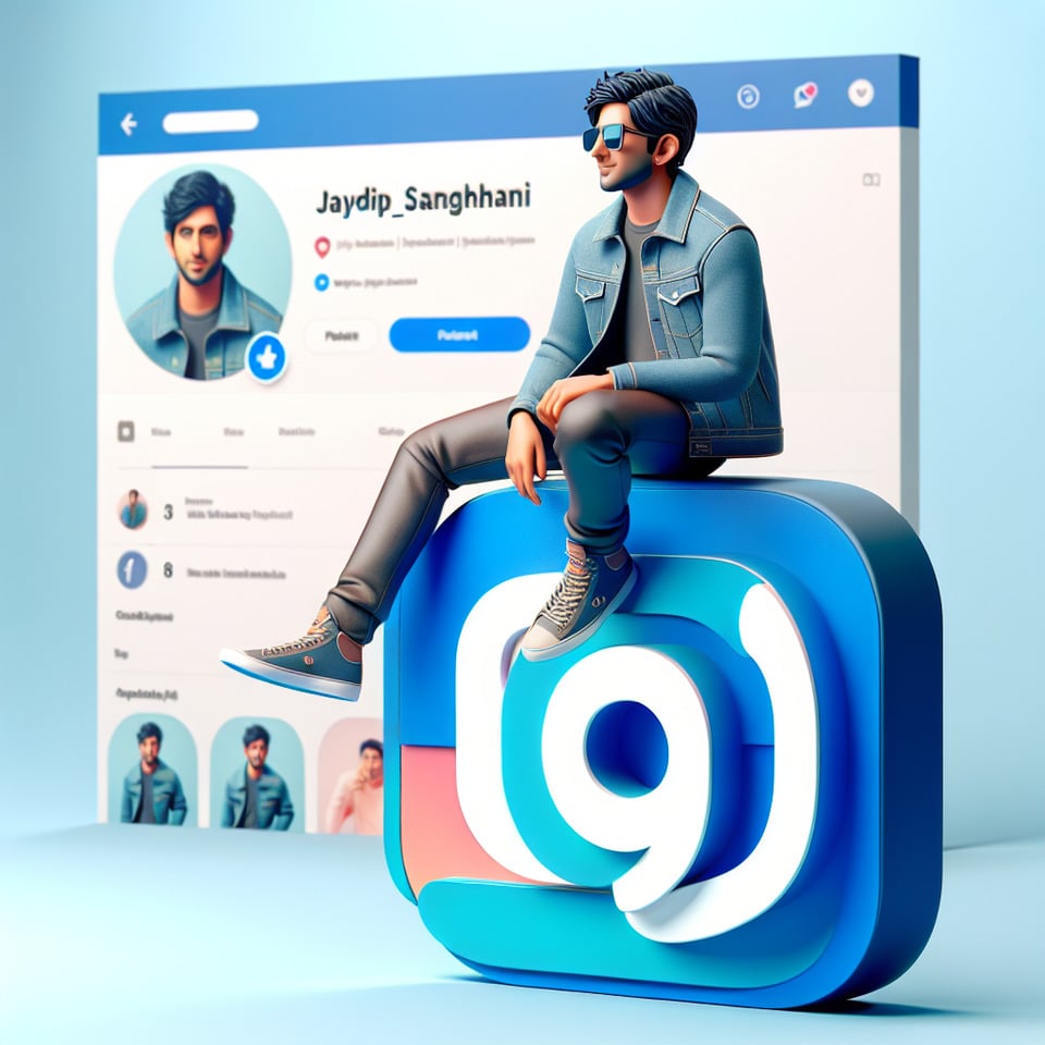Create a 3D illustration of an animated character sitting casually on top of a social media logo instagram.,The character must wear casual modern clothing such as jeans jacket and sneakers shoes. The background of the image is a social media profile page with a user name jaydip_sanghhani and a profile picture that match. text effect image
