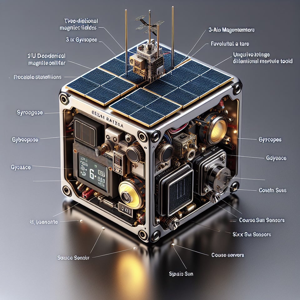 1U cubesat Sensors, Two 3-Axis Magnetometers, Two 3-Axis Gyroscopes, 6 Coarse Sun Sensors, GNSS Receiver text effect image