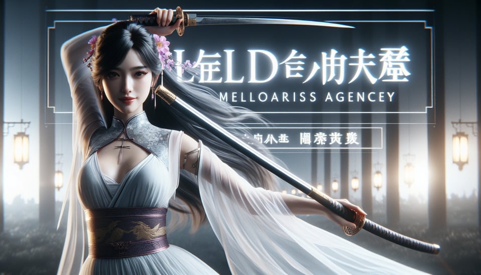 pendekar pedang wanita cantik dari cina .membawa pedang,dan ada headline bertuliskan melodiaris agency ,memakai hanfu modern,HD,fantasi,mirip film text effect image