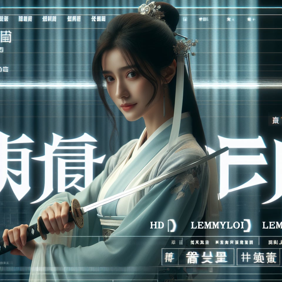 pendekar pedang wanita cantik dari cina .membawa pedang,dan ada headline bertuliskan  lemyloi  ,memakai hanfu modern,HD,fantasi,mirip film text effect image