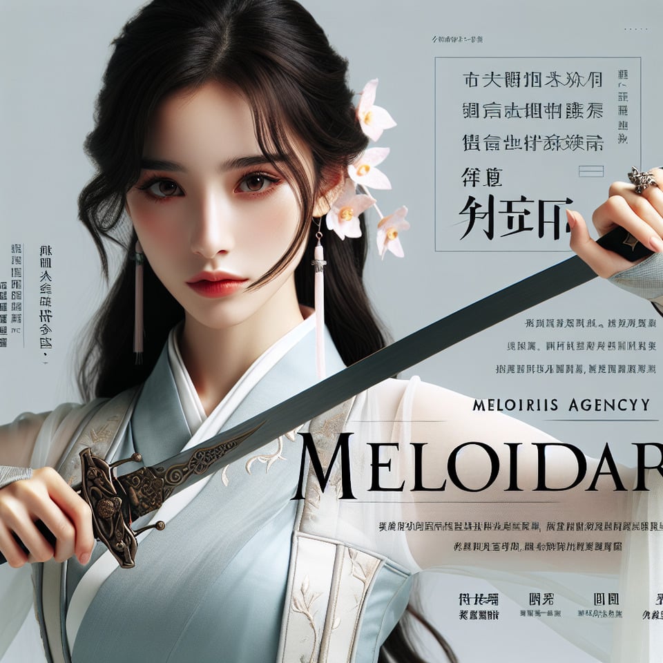 pendekar pedang wanita cantik dari cina .membawa pedang,dan ada headline bertuliskan melodiaris agency ,memakai hanfu modern,HD,fantasi,mirip filmposter text effect image