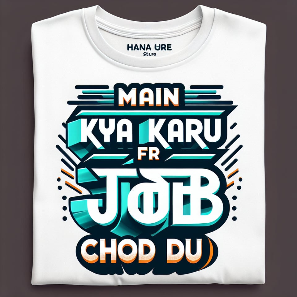 a t-shirt design with a white background saying Main kya karu fr job chod du in the style of 3d typography text effect image