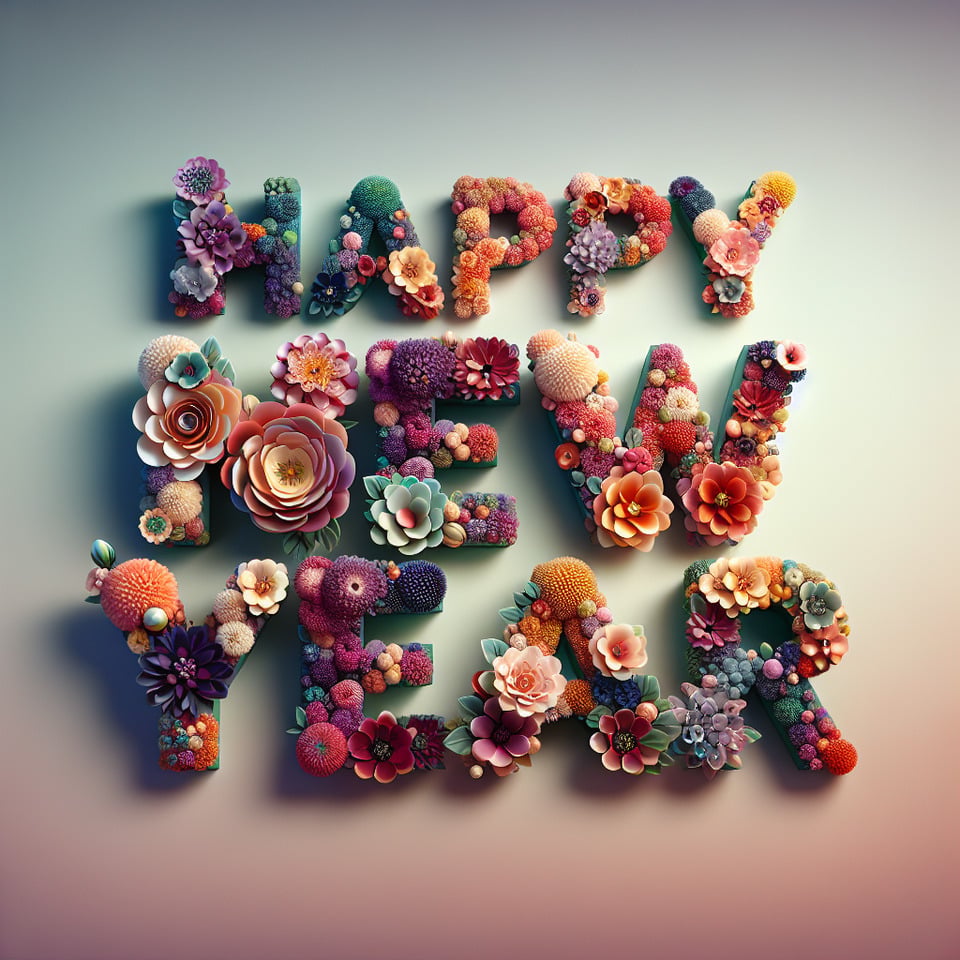 textHappy New Year three-dimensionalmade of flowergorgeouswith a light gradient background. text effect image