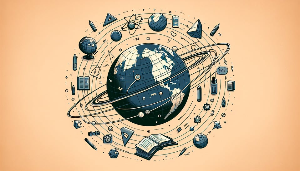 animation of a globe spinning with bookspensand educational symbols orbiting around it text effect image